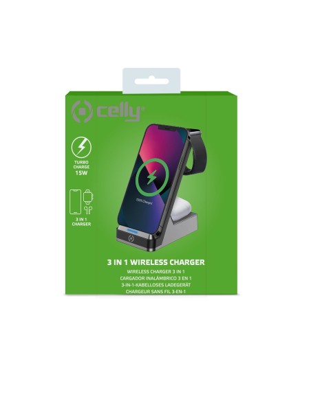 Celly WLSTAND3IN1BK Caricabatterie per dispositivi mobili Fotocamera, Comandi di gaming, Cuffie, Telefono cellulare, Power