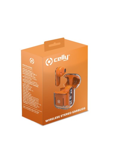Celly SHEER Auricolare True Wireless Stereo (TWS) In-ear Musica e Chiamate Arancione, Trasparente
