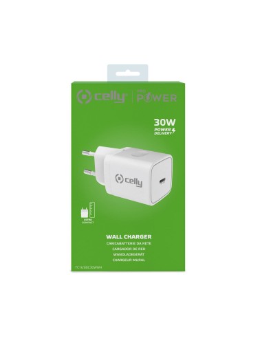 Celly TC1USBC30WWH Caricabatterie per dispositivi mobili Smartphone, Orologio intelligente, Tablet Bianco AC Interno