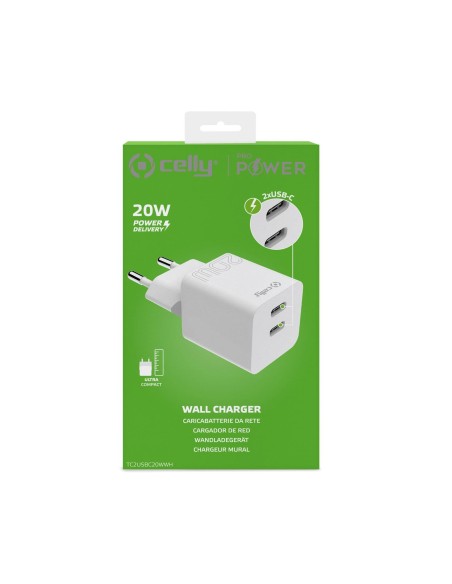Celly TC2USBC20WWH Caricabatterie per dispositivi mobili Smartphone, Tablet Bianco AC Interno