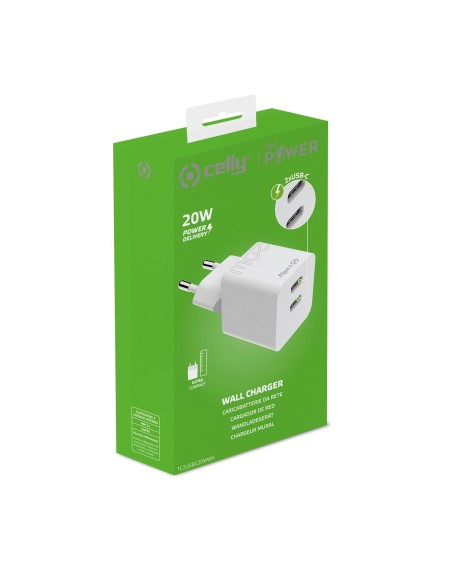 Celly TC2USBC20WWH Caricabatterie per dispositivi mobili Smartphone, Tablet Bianco AC Interno