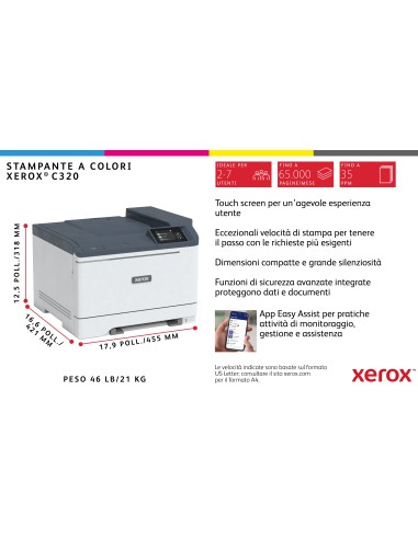 Xerox C320 A4 33 ppm Stampante fronte retro wireless PS3 PCL5e 6 2 vassoi Totale 251 fogli