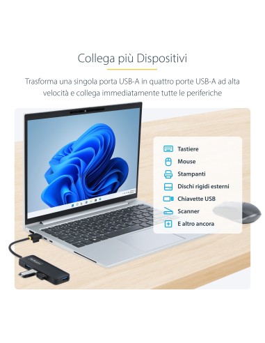 StarTech.com Hub USB-A a 4 porte, 5 Gbps, alimentato via bus, mini hub USB da viaggio portatile, splitter USB 3.0 multiporta,