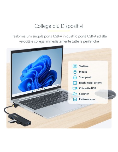 StarTech.com Hub USB-A a 4 porte, 5 Gbps, alimentato via bus, mini hub USB da viaggio portatile, splitter USB 3.0 multiporta,