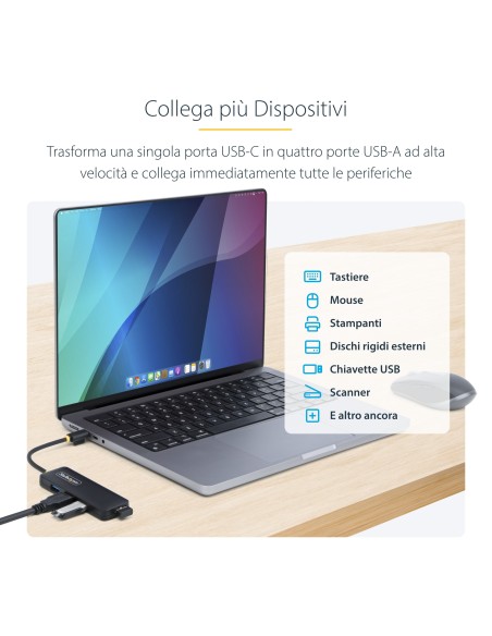 StarTech.com Hub USB-C a 4 porte, 5 Gbps, alimentato via bus, mini hub USB da viaggio portatile, splitter USB 3.0 multiporta,