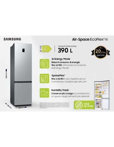 Samsung RB38C672CSA frigorifero Combinato EcoFlex AI Libera installazione con congelatore Wifi 2m 390 L Classe C, Inox