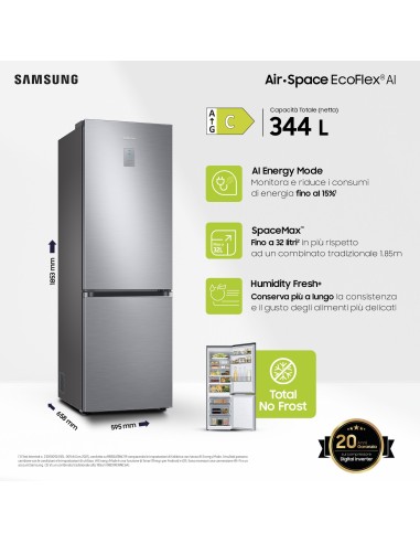 Samsung RB34C775CS9 frigorifero Combinato EcoFlex AI 1.85m 344L Libera installazione con congelatore Wifi 1,85m 344 L con