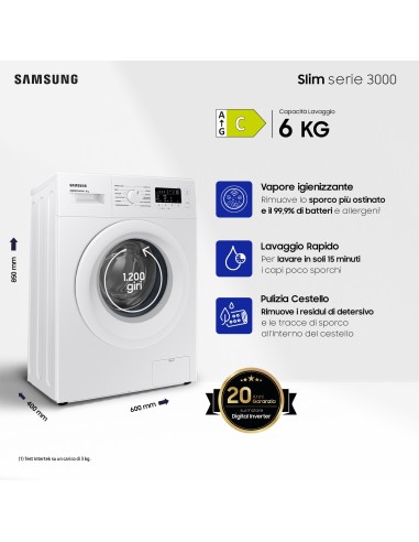Samsung WW60A3120WE ET lavatrice slim a caricamento frontale 6 kg Classe C 1200 giri min, Porta bianca + Panel bianco