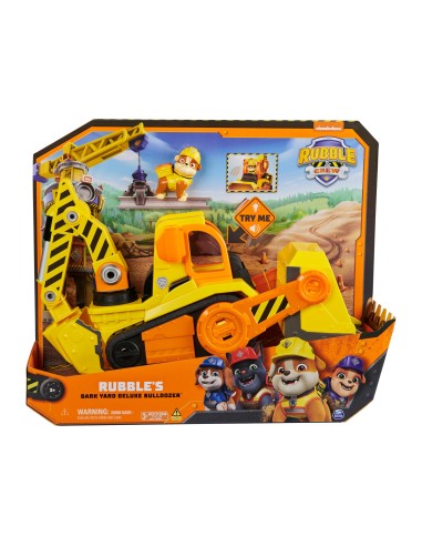 Rubble & Crew, Veicolo da lavoro Deluxe di Rubble, Bulldozer da cantiere con luci, suoni e personaggio, giocattoli per bambini