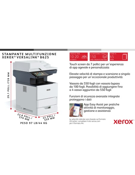 Xerox VersaLink B625 A4 61 ppm Copia Stampa Scansione Fax F R PS3 PCL5e 6 2 vassoi 650 fogli