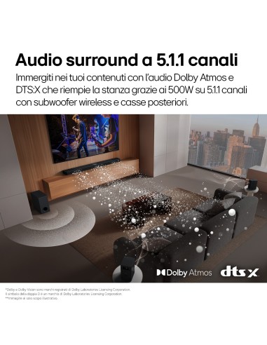 LG Soundbar S70TR, 500W su 5.1.1 canali, Dolby Atmos, DTS X, Casse posteriori incluse