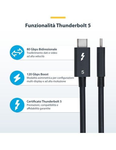 StarTech.com Cavo Thunderbolt 5 80 Gbps fino a 120 Gbps da 50cm, 240 W PD, 8K 60 Hz, cavo Thunderbolt certificato - Compatibile