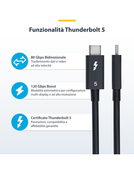 StarTech.com Cavo Thunderbolt 5 80 Gbps fino a 120 Gbps da 50cm, 240 W PD, 8K 60 Hz, cavo Thunderbolt certificato - Compatibile