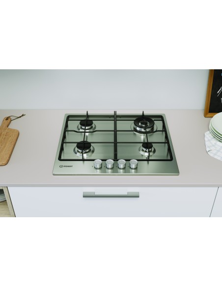 Indesit THP 642 W IX I 1 piano gas inox 60cm 4 fuochi bruciatore doppia corona griglie smaltate