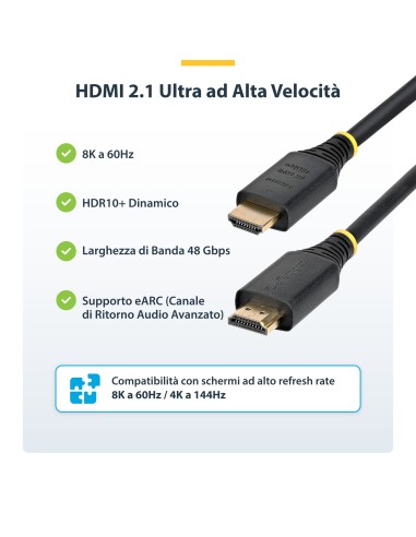 StarTech.com Cavo HDMI 2.1 8K da 4m, Cavo HDMI Certificato ad Altissima Velocità 48 Gbps, 8K 60Hz   4K 120Hz HDR10+   eARC Cavo