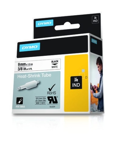 DYMO Etichette per tubi IND termorestringenti - 9mm x 1,5m - Nero su bianco