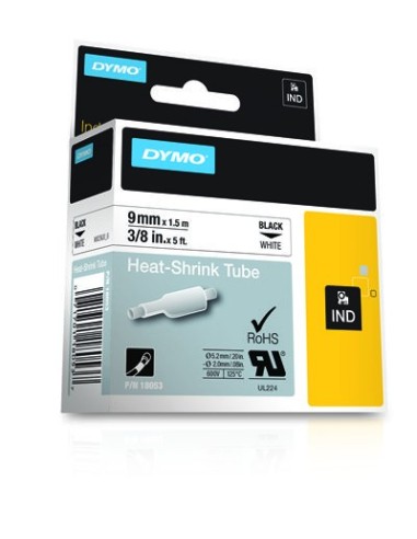 DYMO Etichette per tubi IND termorestringenti - 9mm x 1,5m - Nero su bianco