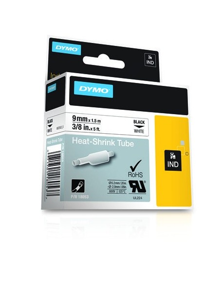 DYMO Etichette per tubi IND termorestringenti - 9mm x 1,5m - Nero su bianco