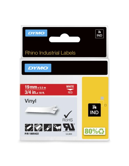 DYMO Rhino Etichette in vinile industriale | 19 mm x 5,5 m | Stampa bianca su rosso | Autoadesive | per stampanti di etichette