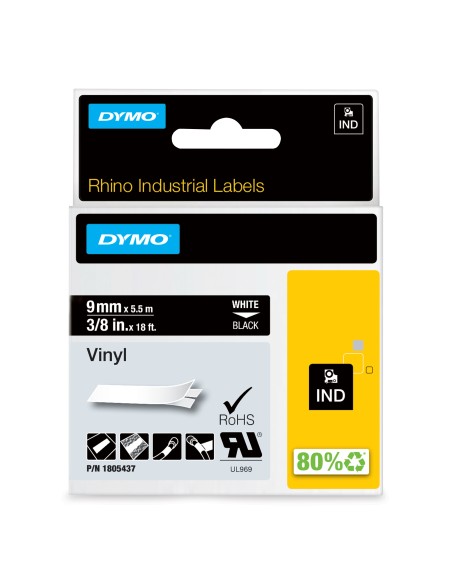 DYMO Rhino Etichette in vinile industriali | 9 mm x 5,5 m | Stampa bianca su nero | Autoadesive | per LabelManager e Rhino