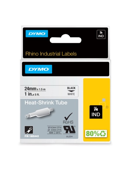 DYMO Rhino Industrial Tubi per etichette termorestringenti per cavi | 24 mm x 1,5 m | Stampa nera su bianco | Autoadesivi | per