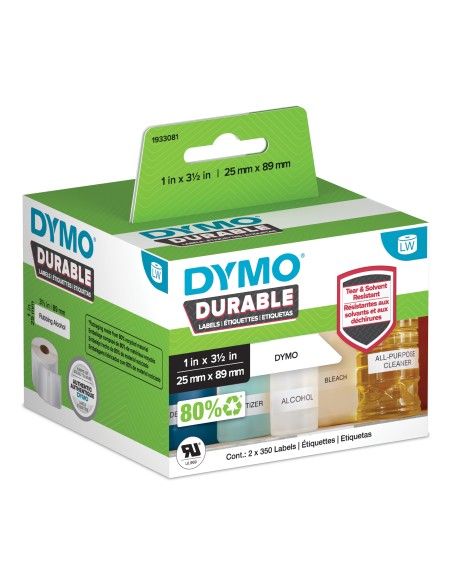DYMO LabelWriter Etichette durevoli originali | 25mm x 89mm | Poliestere bianco | 2 rotoli da 350 (700 etichette autoadesive) |