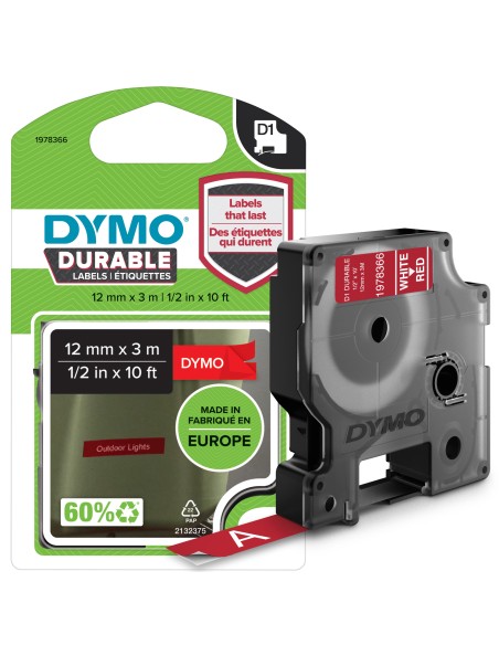 DYMO D1 etichette durevoli originali | 12 mm x 3 mm | stampa bianca su rosso | etichette autoadesive che durano sulle superfici