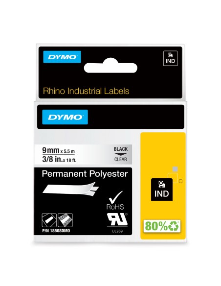 DYMO Rhino etichette industriali in poliestere permanente 9 mm x 5,5 mnero su trasparente