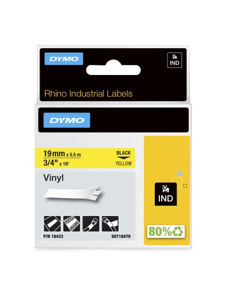DYMO Rhino etichette industriali in vinile autoadesive | rotolo da 19 mm x 5,5 m | stampa nera su giallo