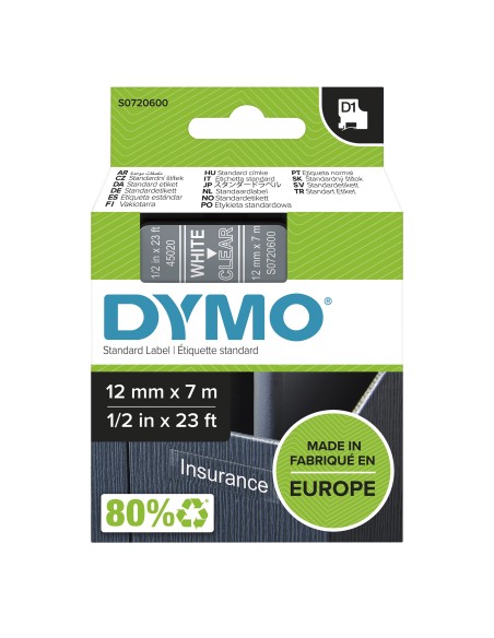 DYMO D1 etichette originali | Rotolo da 12 mm x 7 m | stampa bianca su Trasparente | etichette autoadesive per etichettatrice