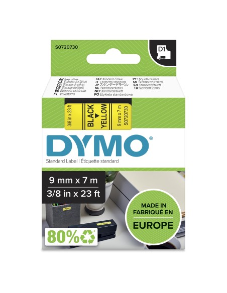 DYMO D1 etichette originali | Rotolo da 9 mm x 7 m | stampa nera su giallo | etichette autoadesive per etichettatrice