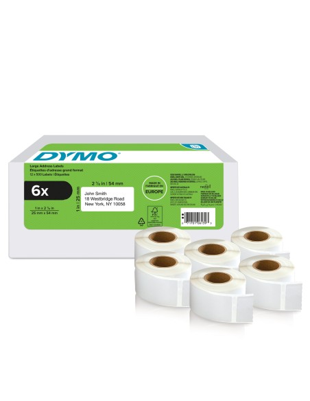 DYMO LW etichette di ritorno originali | 25 mm x 54 mm | 6 rotoli da 500 etichette facili da staccare (3.000 pezzi) |