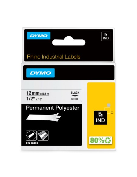 DYMO Rhino Etichette in poliestere permanenti industriali | 12 mm x 5,5 m | Stampa nera su bianco | Autoadesive | per stampanti