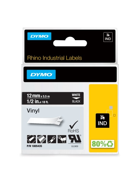 DYMO Rhino Etichette in vinile industriale | 12 mm x 5,5 m | Stampa bianca su nero | Autoadesive | per LabelManager e Rhino