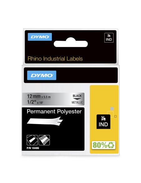 DYMO Rhino etichette industriali in poliestere permanente | 12 mm x 5,5 m | nero su metallizzato