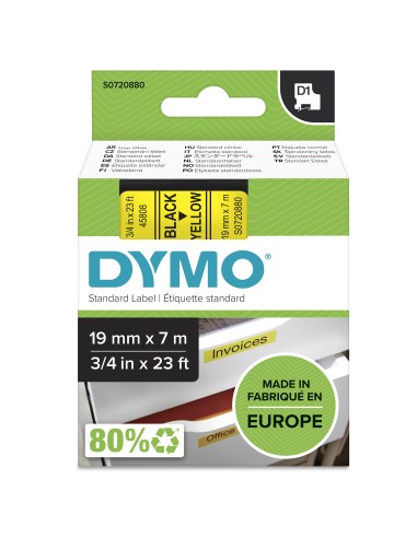 DYMO D1 etichette originali | Rotolo da 19 mm x 7 m | stampa nera su giallo | etichette autoadesive per etichettatrice