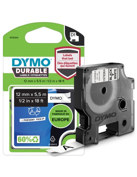 DYMO D1 etichette durevoli originali | 12 mm x 5 mm | stampa bianca su nero | etichette autoadesive che durano sulle superfici