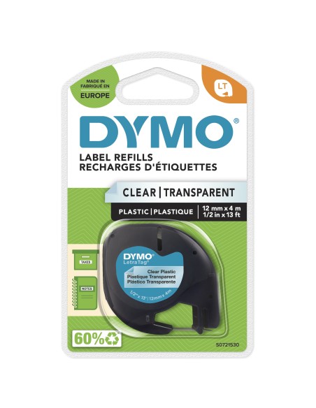 DYMO LetraTag etichette originali in plastica | rotolo da 12 mm x 4 m | stampa nera su trasparente | LT etichette autoadesive