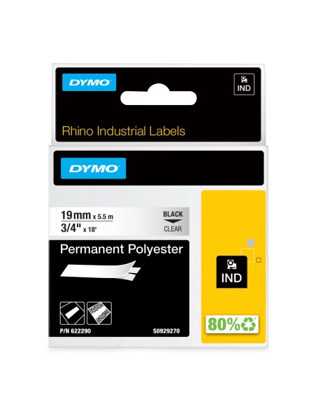 DYMO Rhino Etichette in poliestere permanenti industriali | 19 mm x 5,5 m | Stampa nera su trasparente | Autoadesive | per