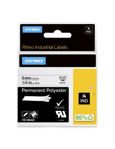 DYMO Rhino Etichette in poliestere permanenti industriali | 6 mm x 5,5 m | Stampa nera su bianco | Autoadesive | per stampanti