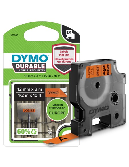 DYMO D1 etichette durevoli originali | 12 mm x 3 mm | stampa nera su arancione | etichette autoadesive che durano sulle
