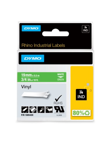 DYMO Rhino Etichette in vinile industriale | 19 mm x 5,5 m | Stampa bianca su verde | Autoadesive | per LabelManager e Rhino