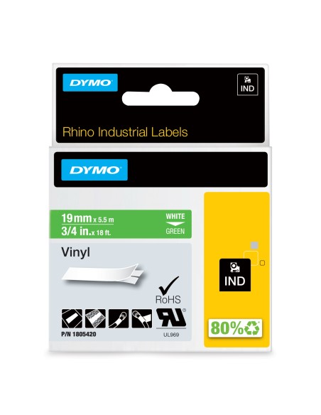 DYMO Rhino Etichette in vinile industriale | 19 mm x 5,5 m | Stampa bianca su verde | Autoadesive | per LabelManager e Rhino