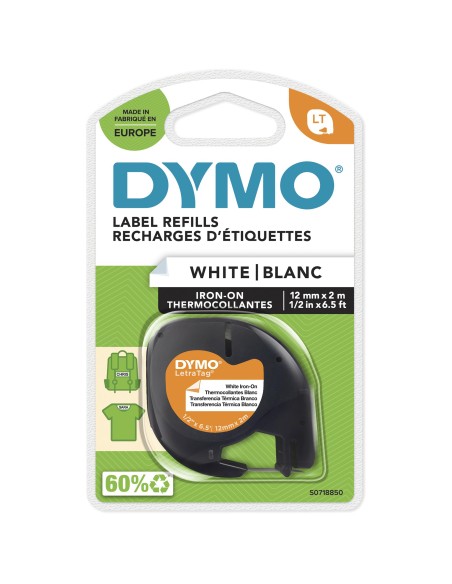 DYMO LetraTag "Iron-On" etichette per tessuti autoadesiva | rotolo da 12 mm x 2 m | stampa nera su bianco | LT etichette