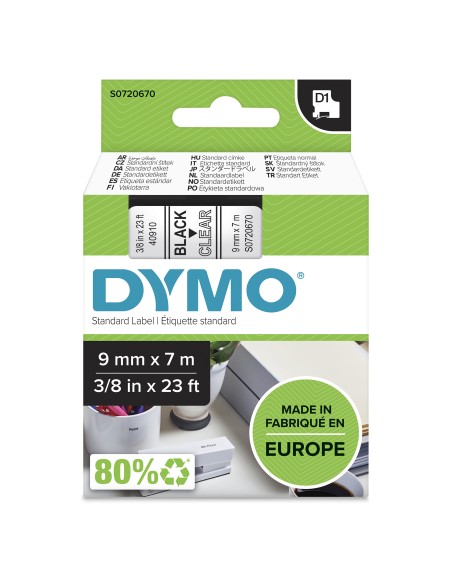 DYMO D1 etichette originali | stampa nera su trasparente | 9 mm x 7 m | autoadesive | per etichettatrice di etichette