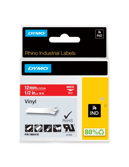 DYMO Rhino Etichette in vinile industriale | 12 mm x 5,5 m | Stampa bianca su rosso | Autoadesive | per LabelManager e Rhino