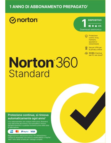 Norton 360 Standard 2024| Antivirus per 1 dispositivo | Licenza di 1 anno con rinnovo automatico | Secure VPN e Password