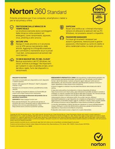 Norton 360 Standard 2024| Antivirus per 1 dispositivo | Licenza di 1 anno con rinnovo automatico | Secure VPN e Password
