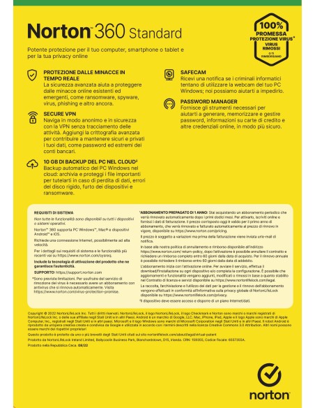 Norton 360 Standard 2024| Antivirus per 1 dispositivo | Licenza di 1 anno con rinnovo automatico | Secure VPN e Password
