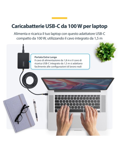 StarTech.com Caricatore USB-C da 100W per Laptop con Cavo USB-C Integrato da 1,5 m, Alimentatore per Dell, XPS, HP ProBook,